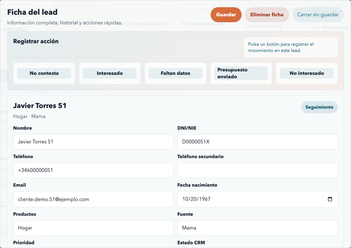 Ficha completa de un lead en el CRM