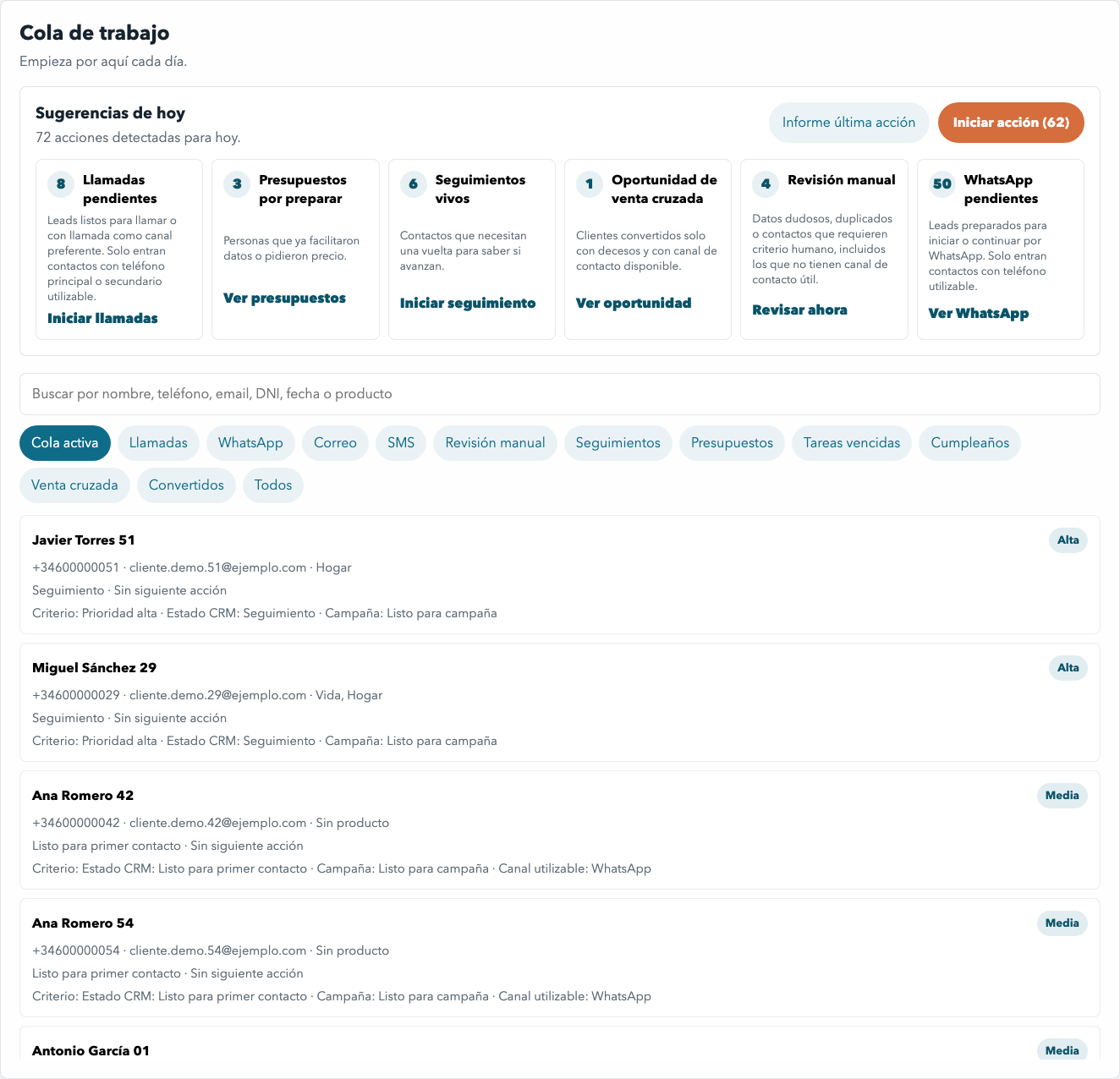 Cola de trabajo del CRM con opciones de segmentación